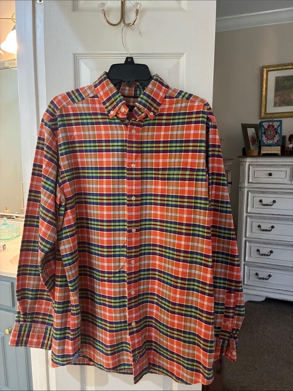 Daniel Cremieux Colorful Orange Plaid Button Shirt Green & Navy Accents SZ LT
